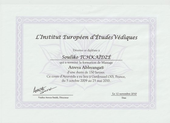 Diplôme Atreya Abhyanga — 150 heures