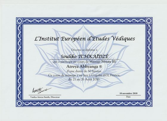 Diplôme Atreya Abhyanga — niveau 3